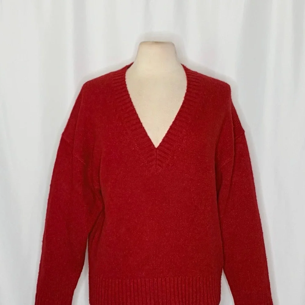 J. CREW Relaxed V Neck Pullover Sweater‎ Solid Red Merino Wool Alpaca Medium